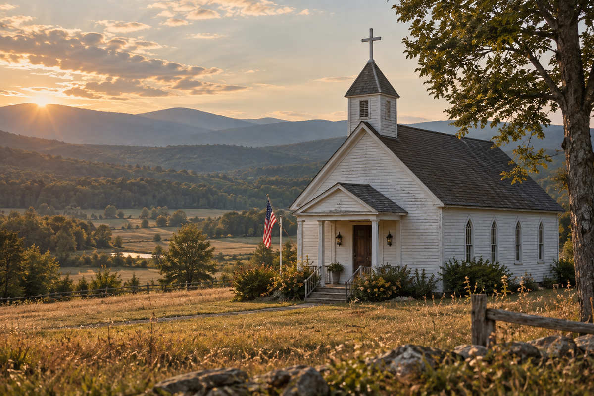 AI-created editorial scene of a rural American chapel in warm evening light.