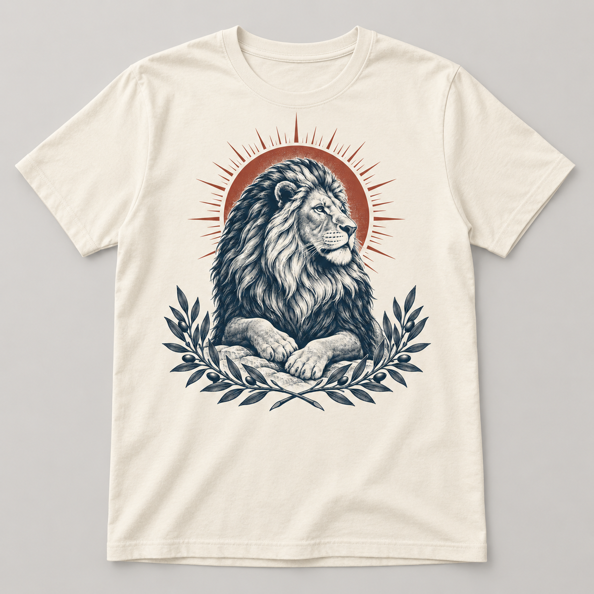Concept preview: cream Lion of Judah T-shirt with navy lion, rust sun and olive branches. Final garment pending.