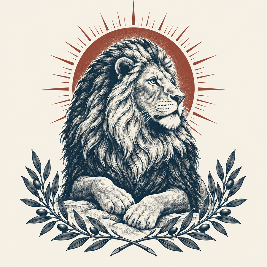 Engraved-style Lion of Judah illustration with an olive branch and rising sun.