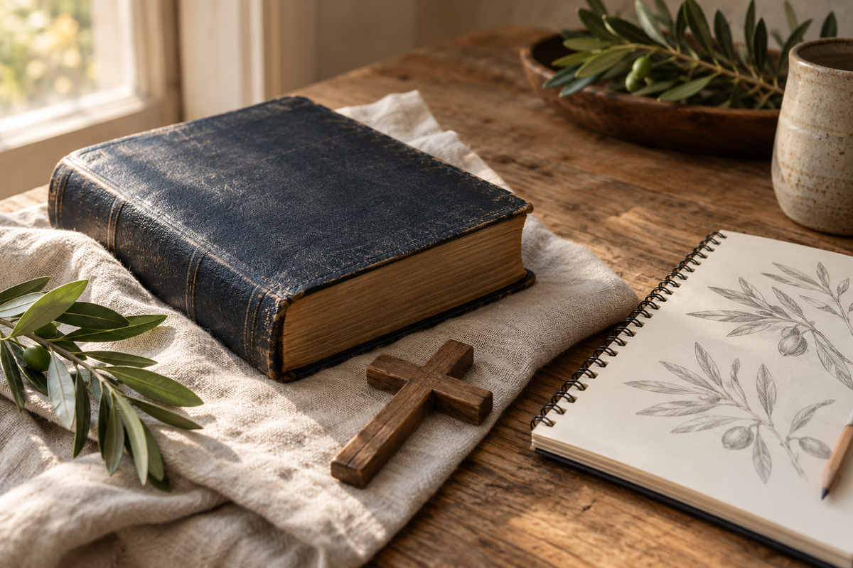 AI-created editorial still life of a Bible, wooden cross and botanical sketchbook.